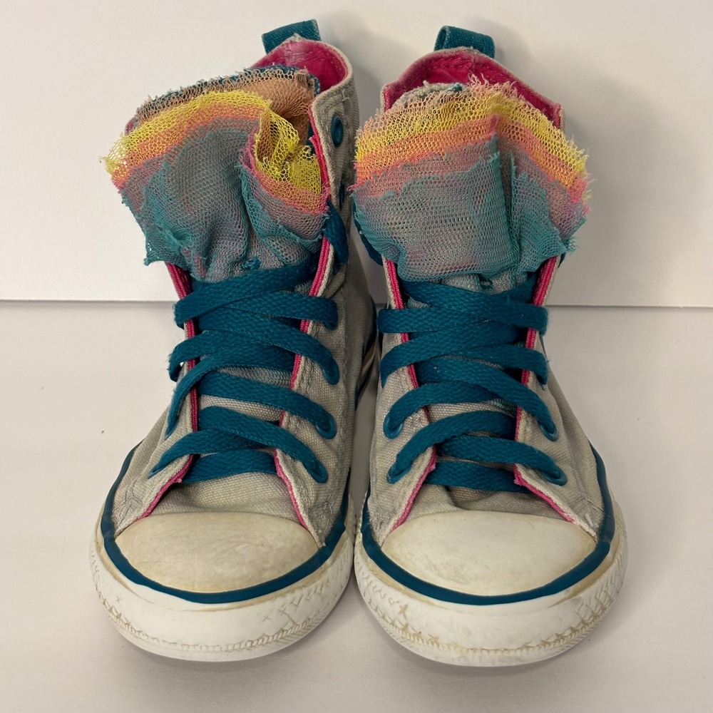 Converse All Star Girls Kids 12 High Top Sneakers Gray Teal Pink Rainbow Tulle - Picture 3 of 10